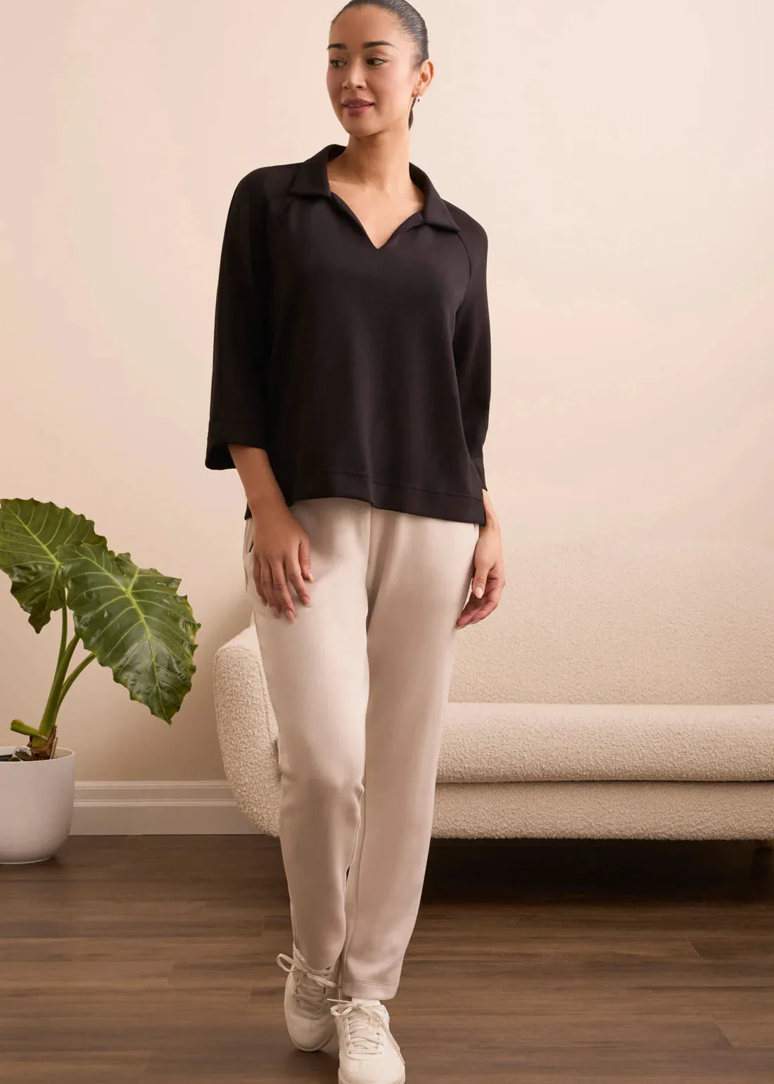 3/4 Sleeve Henley Top [Black-2137O]