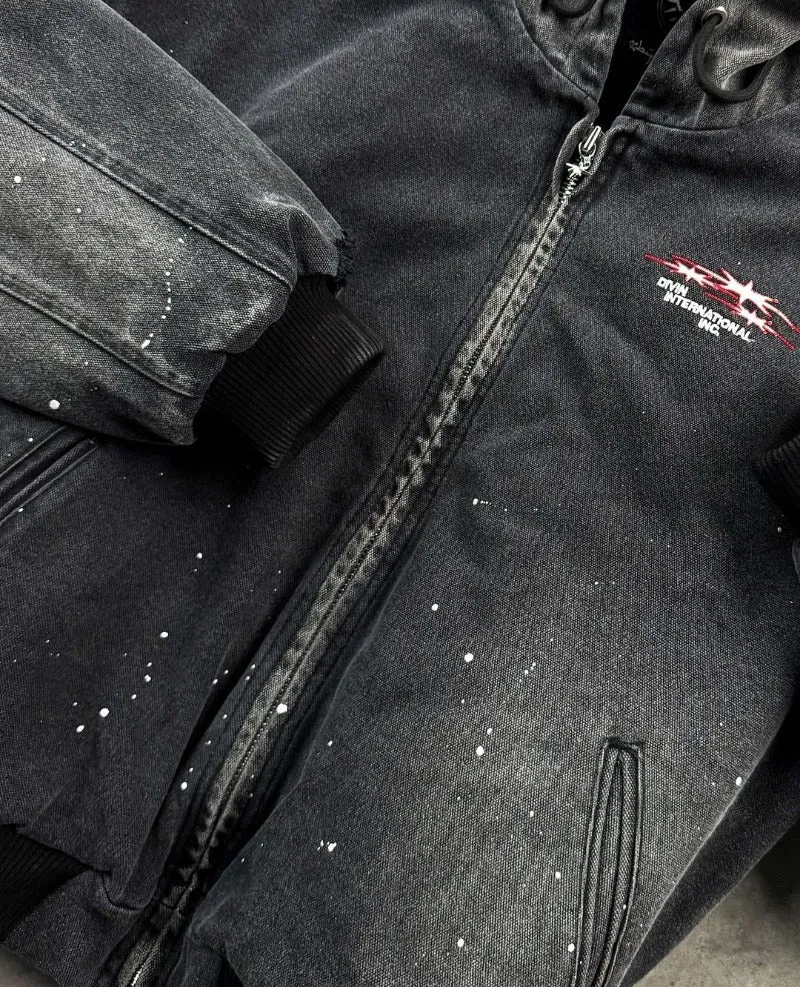 Advbridge 2024 High Street Trendy Brand Streetwear Harajuku Retro Embroidery Splash Ink Wash Denim Jacket Men Hip Hop Casual Hooded Coat