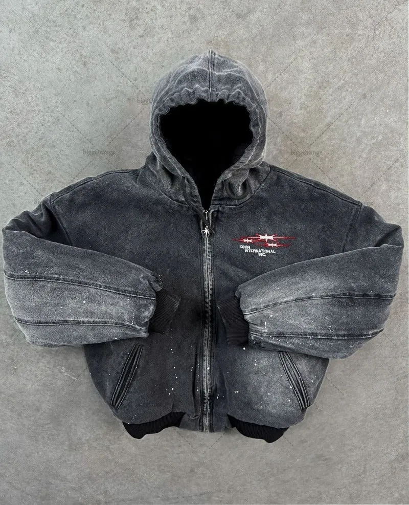Advbridge 2024 High Street Trendy Brand Streetwear Harajuku Retro Embroidery Splash Ink Wash Denim Jacket Men Hip Hop Casual Hooded Coat