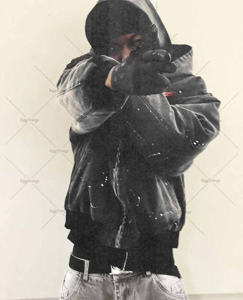 Advbridge 2024 High Street Trendy Brand Streetwear Harajuku Retro Embroidery Splash Ink Wash Denim Jacket Men Hip Hop Casual Hooded Coat