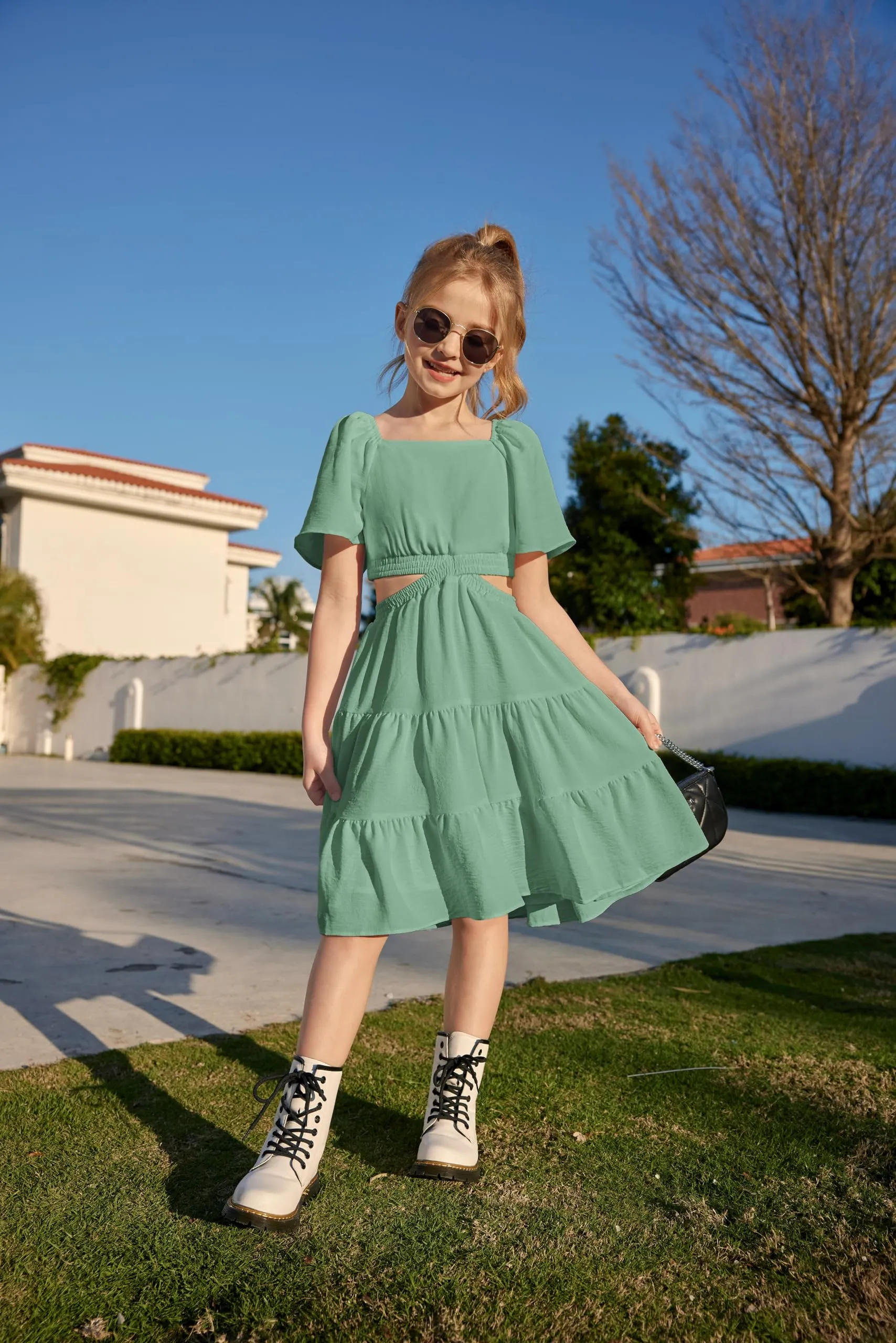 Arshiner Girls Dresses Cut Out Shirred Ruffle Hem Easter Summer First Commuinon Sage Green Dress Size 14