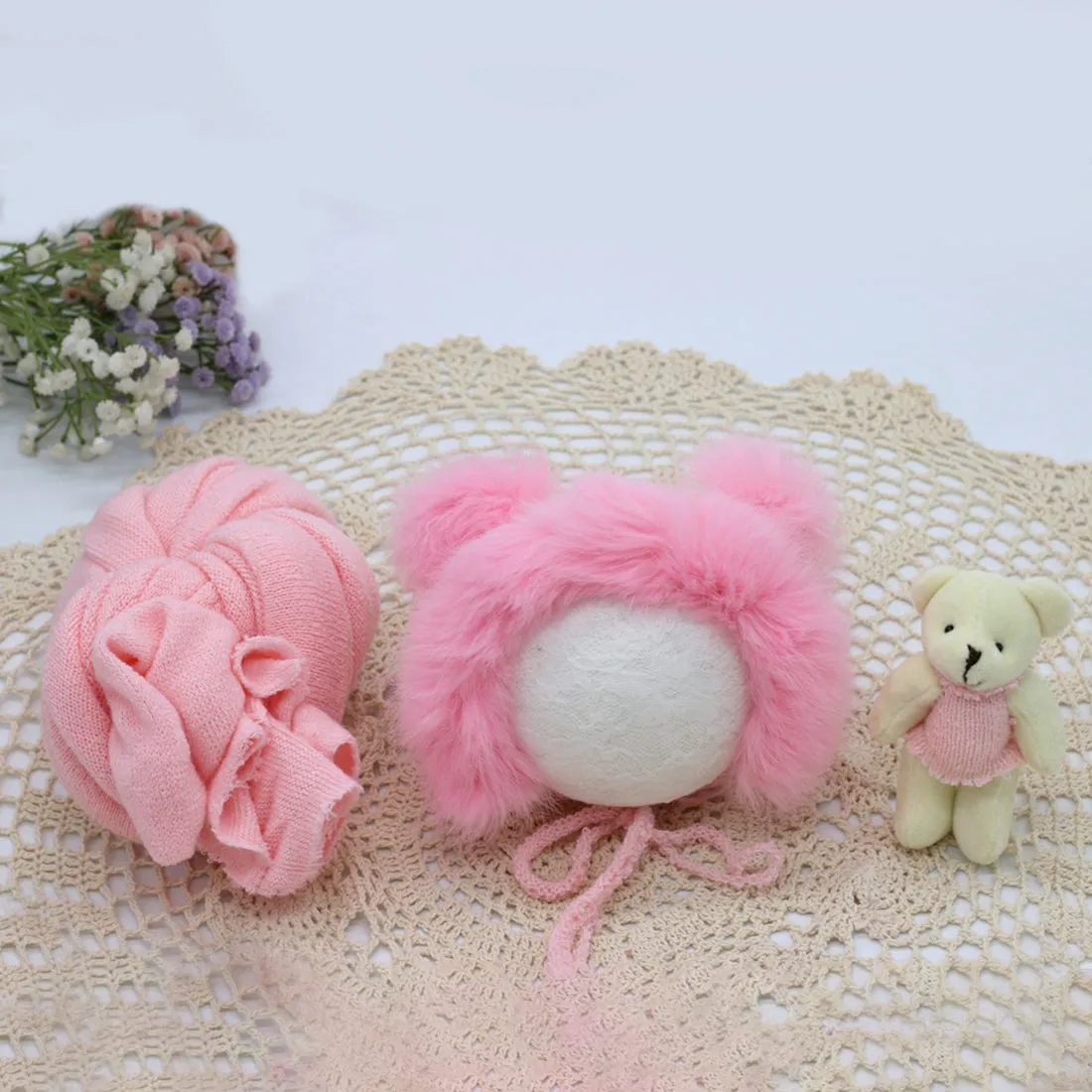 Babymoon Set of 3 | Bonnet, Wrap n Bear Teddy New Born | Baby Photography Props | Costumes | Pink