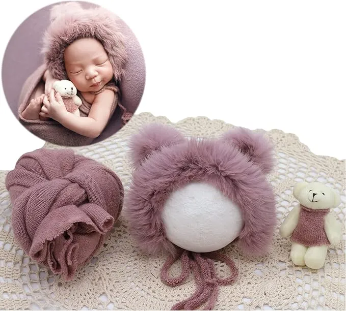 Babymoon Set of 3 | Bonnet, Wrap n Bear Teddy New Born | Baby Photography Props | Costumes | Purple
