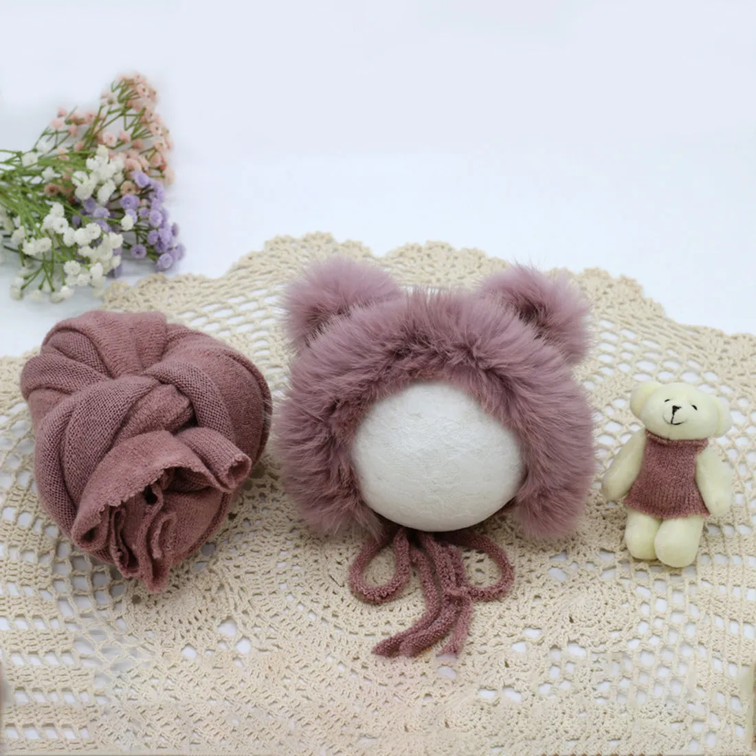 Babymoon Set of 3 | Bonnet, Wrap n Bear Teddy New Born | Baby Photography Props | Costumes | Purple