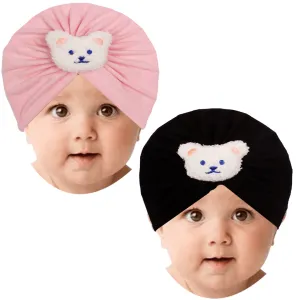 Babymoon | Set of2 | Beanie Bear Turban Knot Boy’s Girl’s Kids New Born Baby Cap Hat Headwear 0-2 Y | Pink-Black