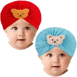 Babymoon | Set of2 | Beanie Bear Turban Knot Boy’s Girl’s Kids New Born Baby Cap Hat Headwear 0-2 Y | Red-Blue