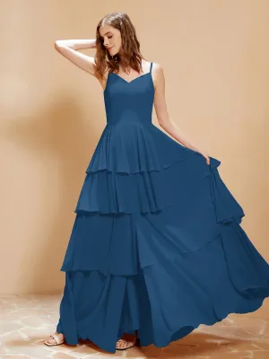 Boho V-neck Floor-length Dress Flowy Ruffles Ink Blue Plus Size