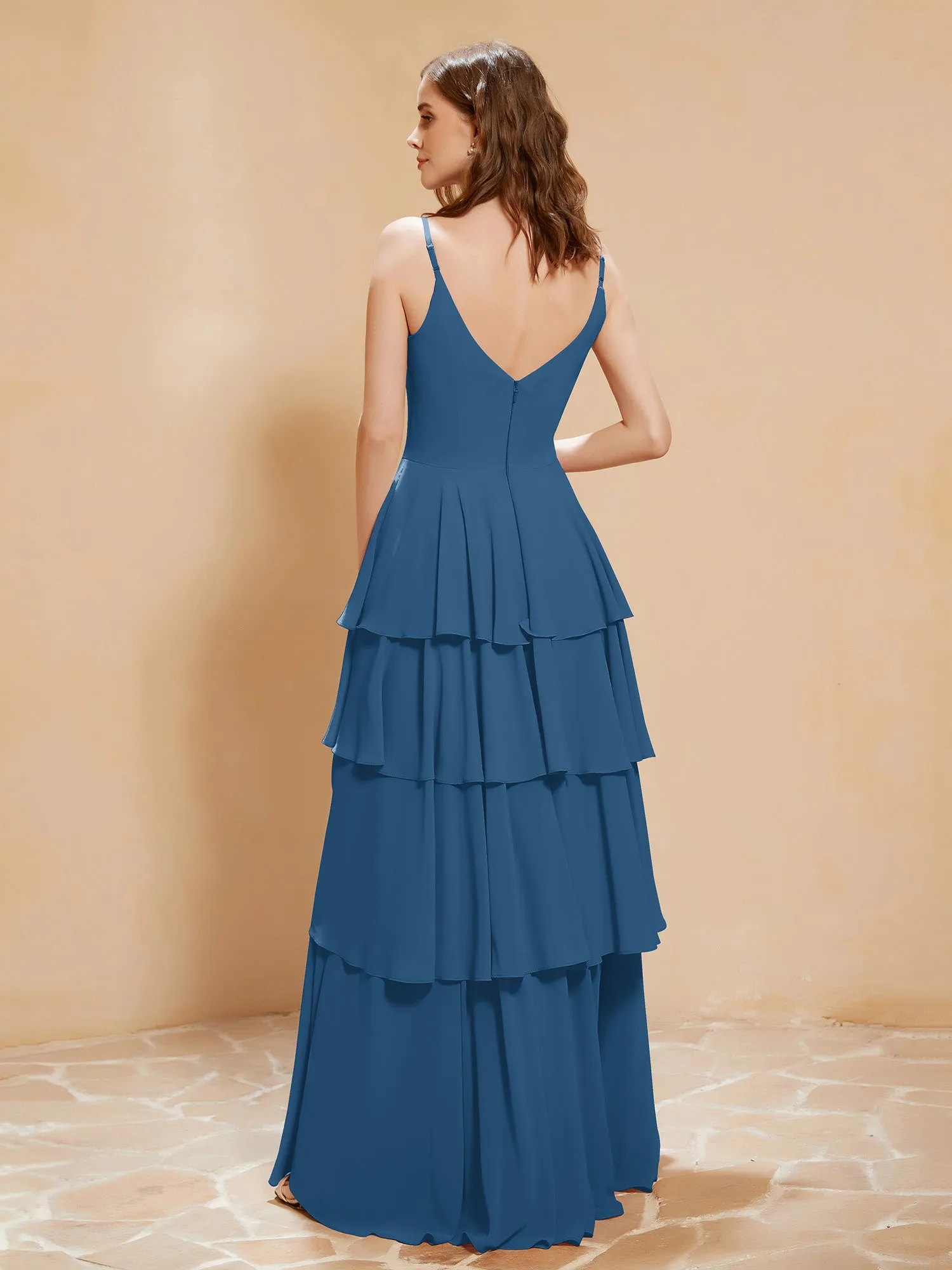 Boho V-neck Floor-length Dress Flowy Ruffles Ink Blue Plus Size