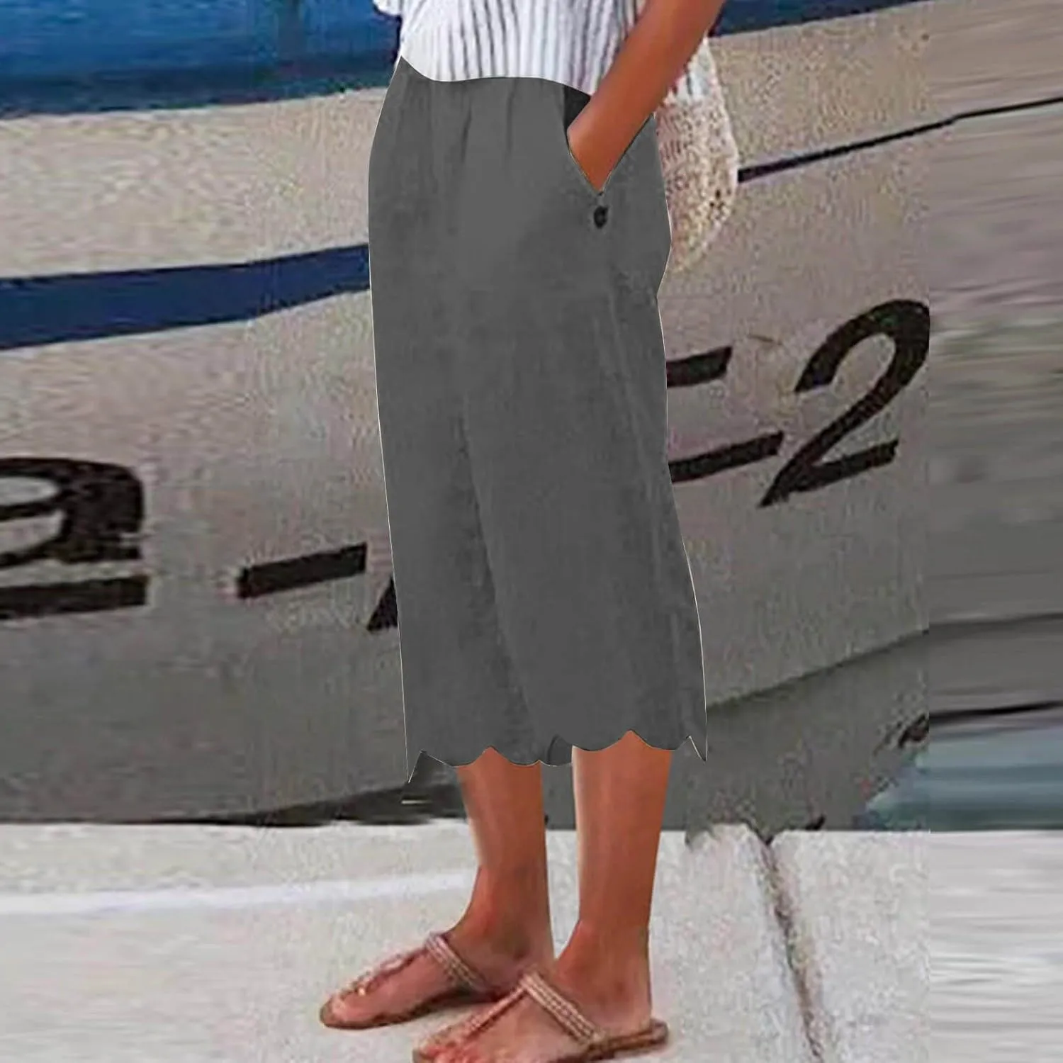 Capri Pants for Women Dressy Casual Summer Wide Leg Palazzo Capris Loose Cute Trendy Beach Trouser Floral Trim Bottom