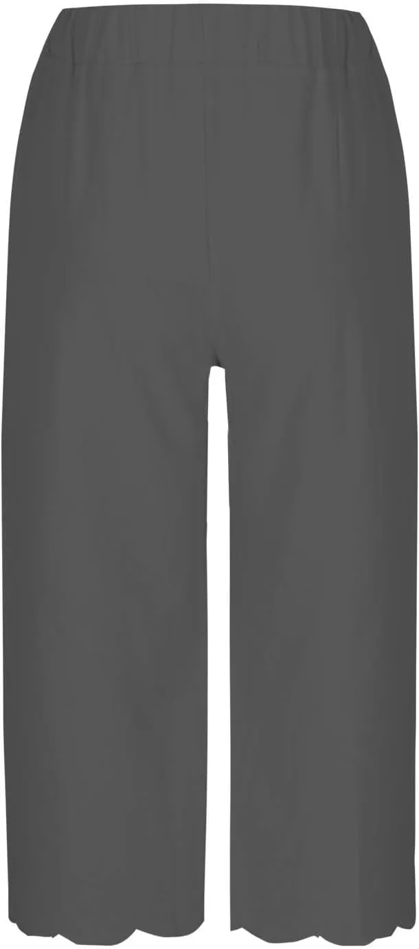 Capri Pants for Women Dressy Casual Summer Wide Leg Palazzo Capris Loose Cute Trendy Beach Trouser Floral Trim Bottom