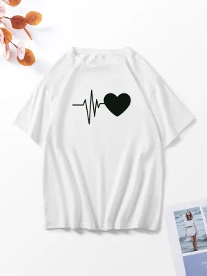 Casual Heart Short Sleeve Round Neck Regular Women T-Shirt