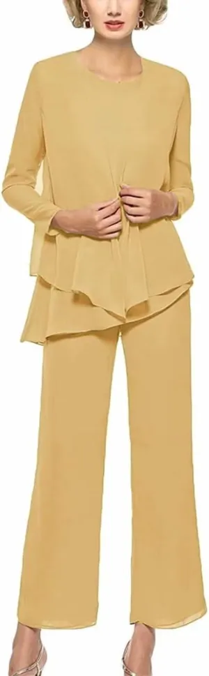 Chiffon 3 Pieces Mother of The Bride Pants Suits for Wedding Long Sleeves Evening Gown with Jacket Outfit Set
