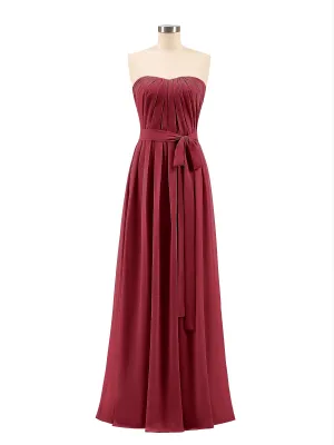Chiffon Strapless Bridesmaid Gown with Sash-Burgundy
