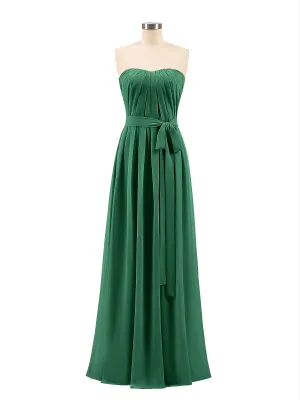 Chiffon Strapless Bridesmaid Gown with Sash-Dark Green Plus Size
