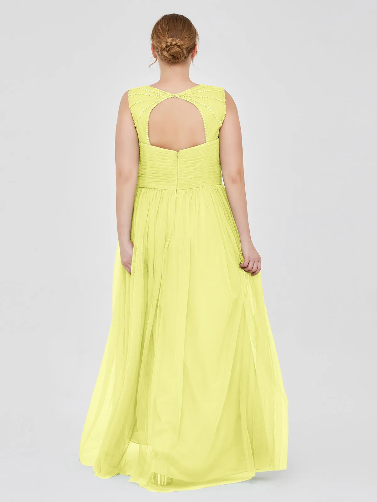 Cross-Pleated Tulle Long Dresses with Beaded Straps Daffodil Plus Size