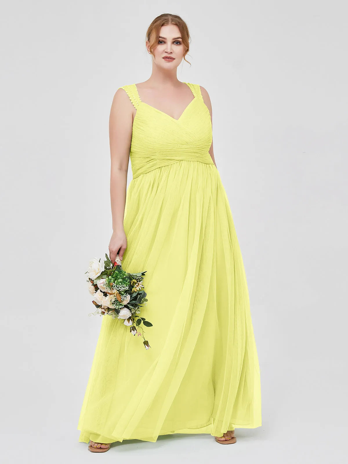 Cross-Pleated Tulle Long Dresses with Beaded Straps Daffodil Plus Size