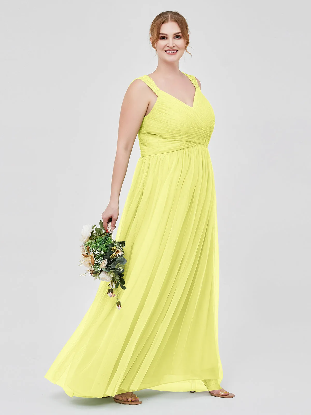Cross-Pleated Tulle Long Dresses with Beaded Straps Daffodil Plus Size
