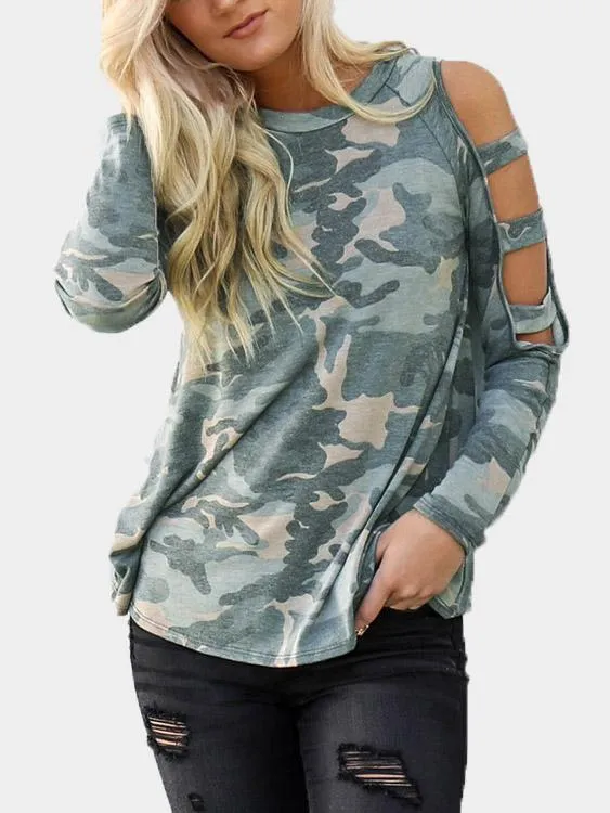 Custom Cold Shoulder Camouflage Cut Out Long Sleeve Green T-Shirts