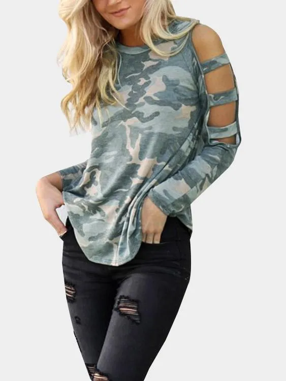 Custom Cold Shoulder Camouflage Cut Out Long Sleeve Green T-Shirts