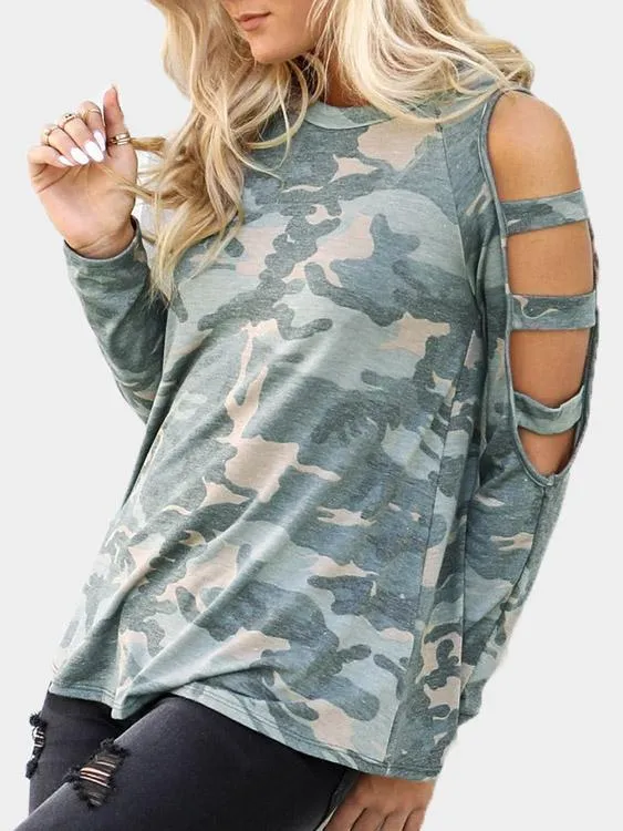 Custom Cold Shoulder Camouflage Cut Out Long Sleeve Green T-Shirts