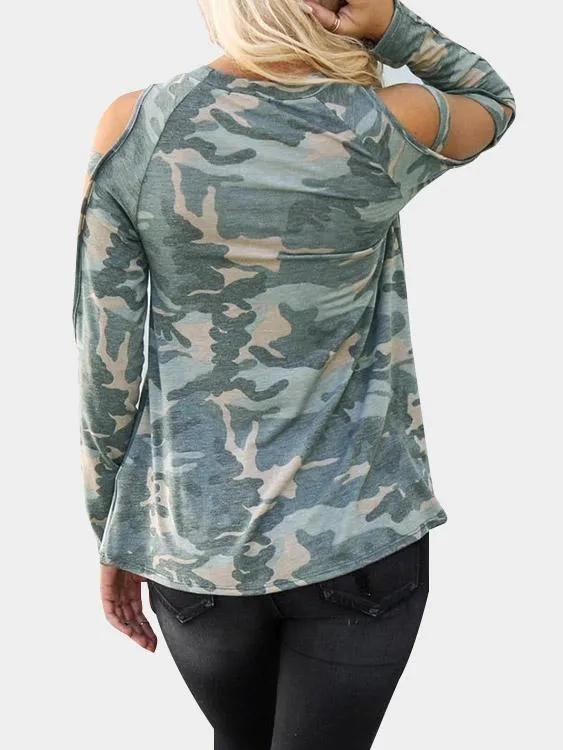 Custom Cold Shoulder Camouflage Cut Out Long Sleeve Green T-Shirts