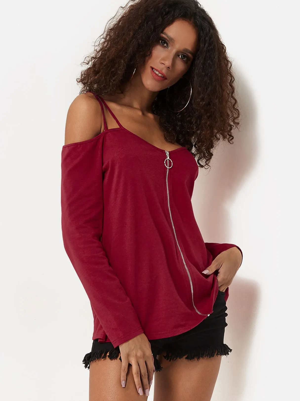 Custom Cold Shoulder Plain Zip Back Long Sleeve Burgundy T-Shirts