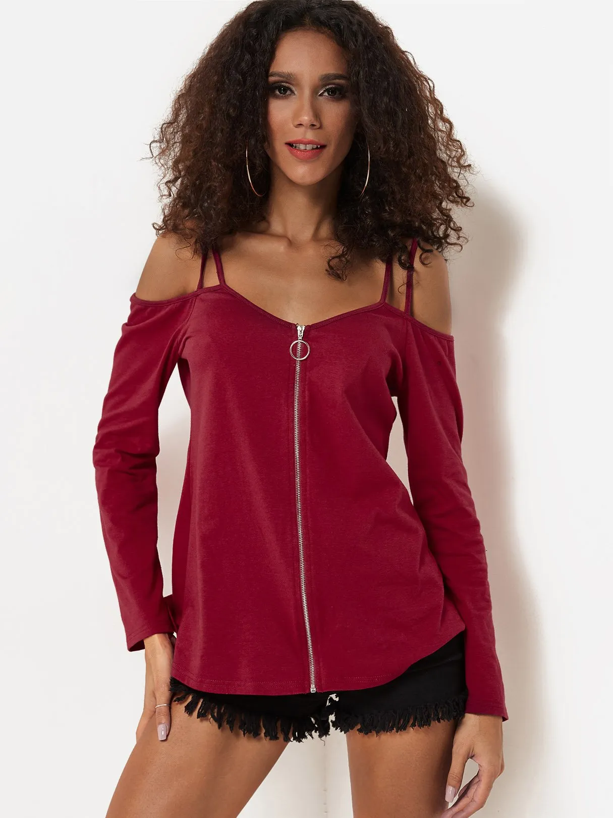 Custom Cold Shoulder Plain Zip Back Long Sleeve Burgundy T-Shirts