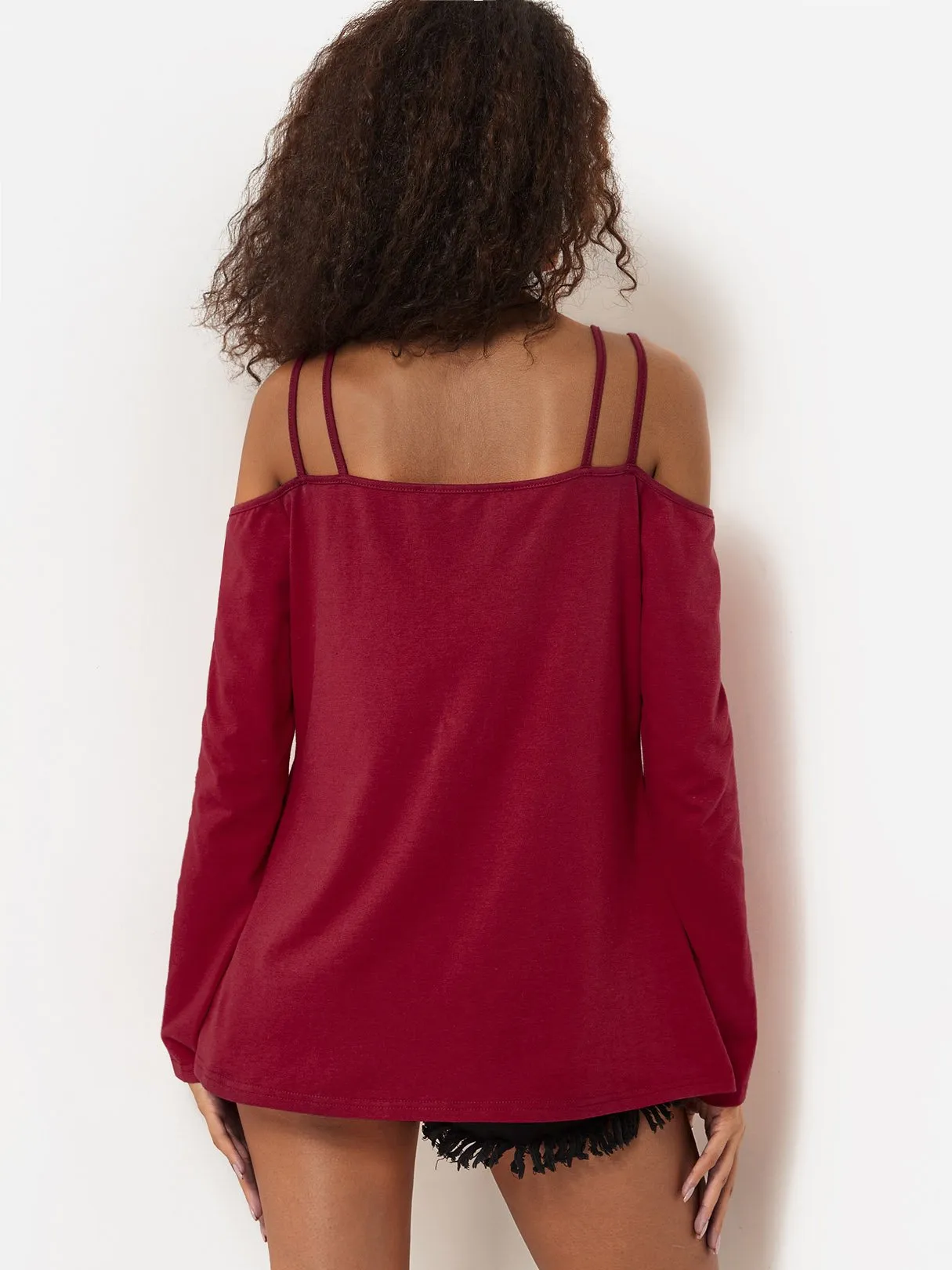 Custom Cold Shoulder Plain Zip Back Long Sleeve Burgundy T-Shirts