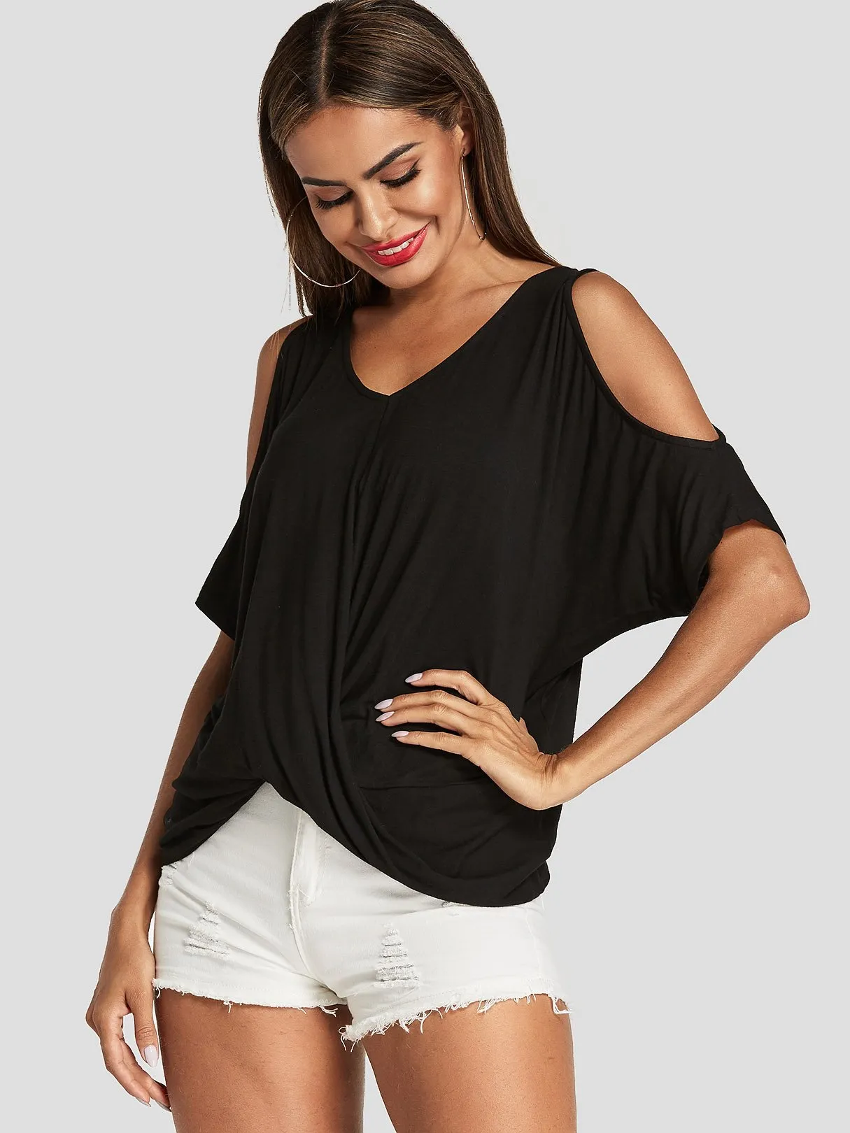 Custom Cold Shoulder Zebra Crossed Front Half Sleeve T-Shirts