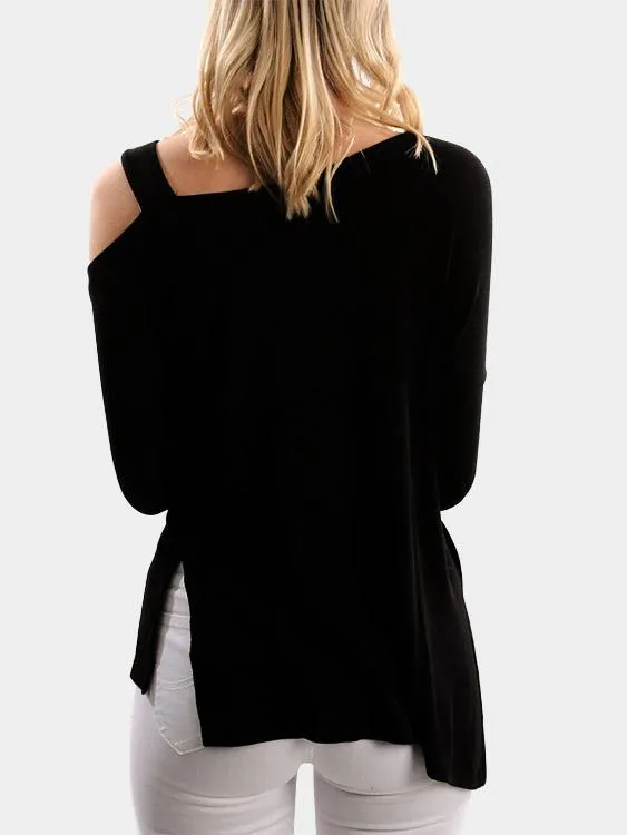 Custom One Shoulder Long Sleeve Slit Hem Black T-Shirts