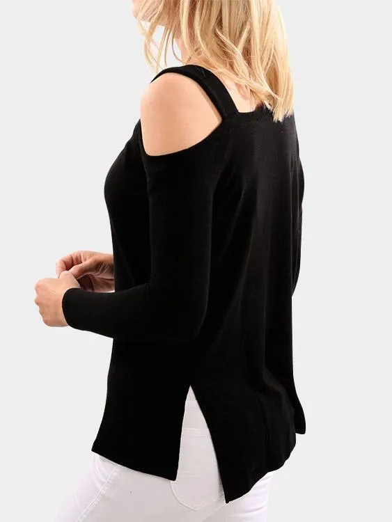 Custom One Shoulder Long Sleeve Slit Hem Black T-Shirts