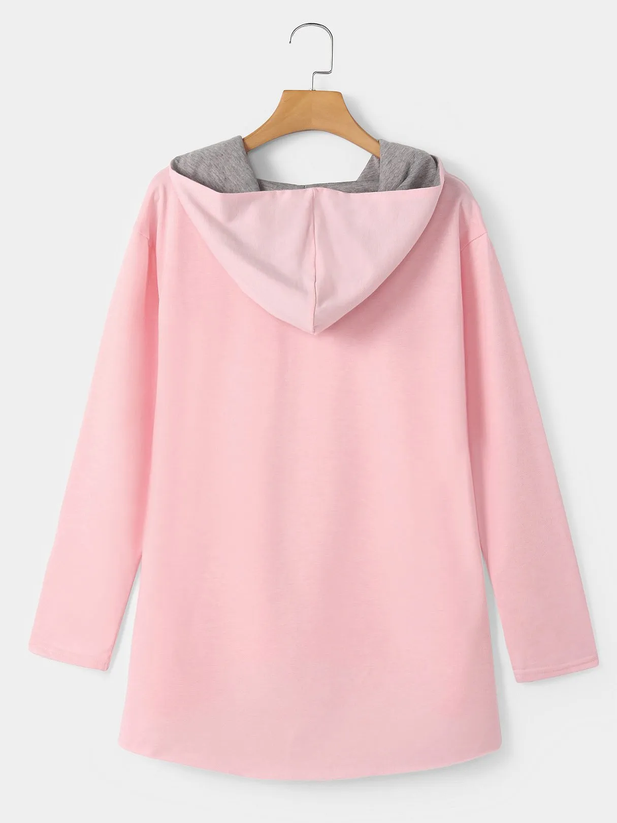 Custom Pullover Hooded Long Sleeve Irregular Hem Pink T-Shirts