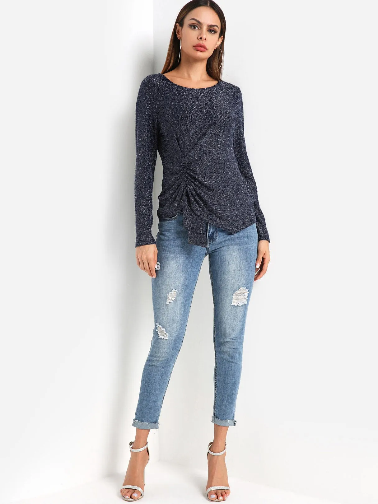 Custom Round Neck Plain Pleated Long Sleeve Irregular Hem Dark Blue T-Shirts