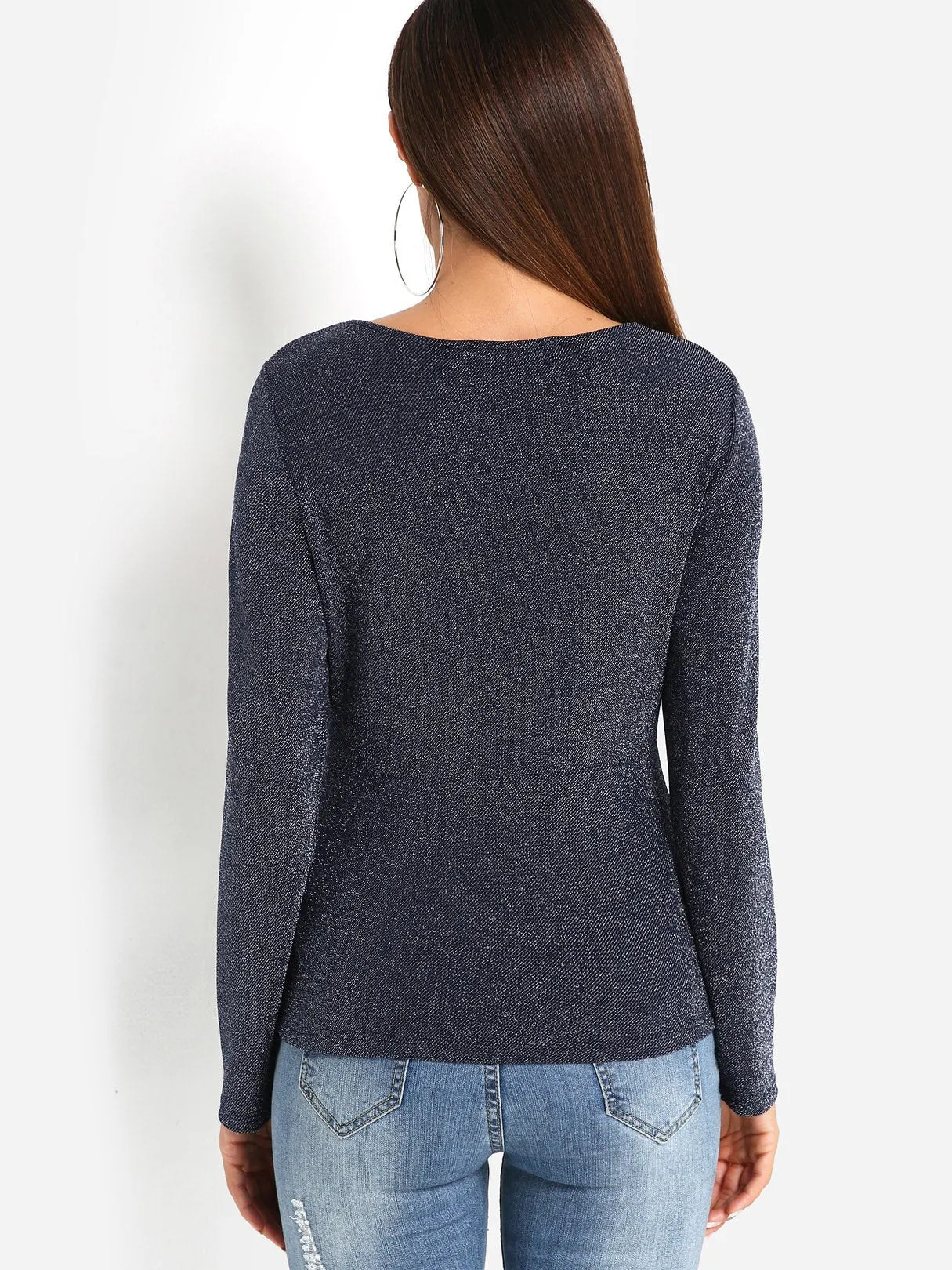 Custom Round Neck Plain Pleated Long Sleeve Irregular Hem Dark Blue T-Shirts