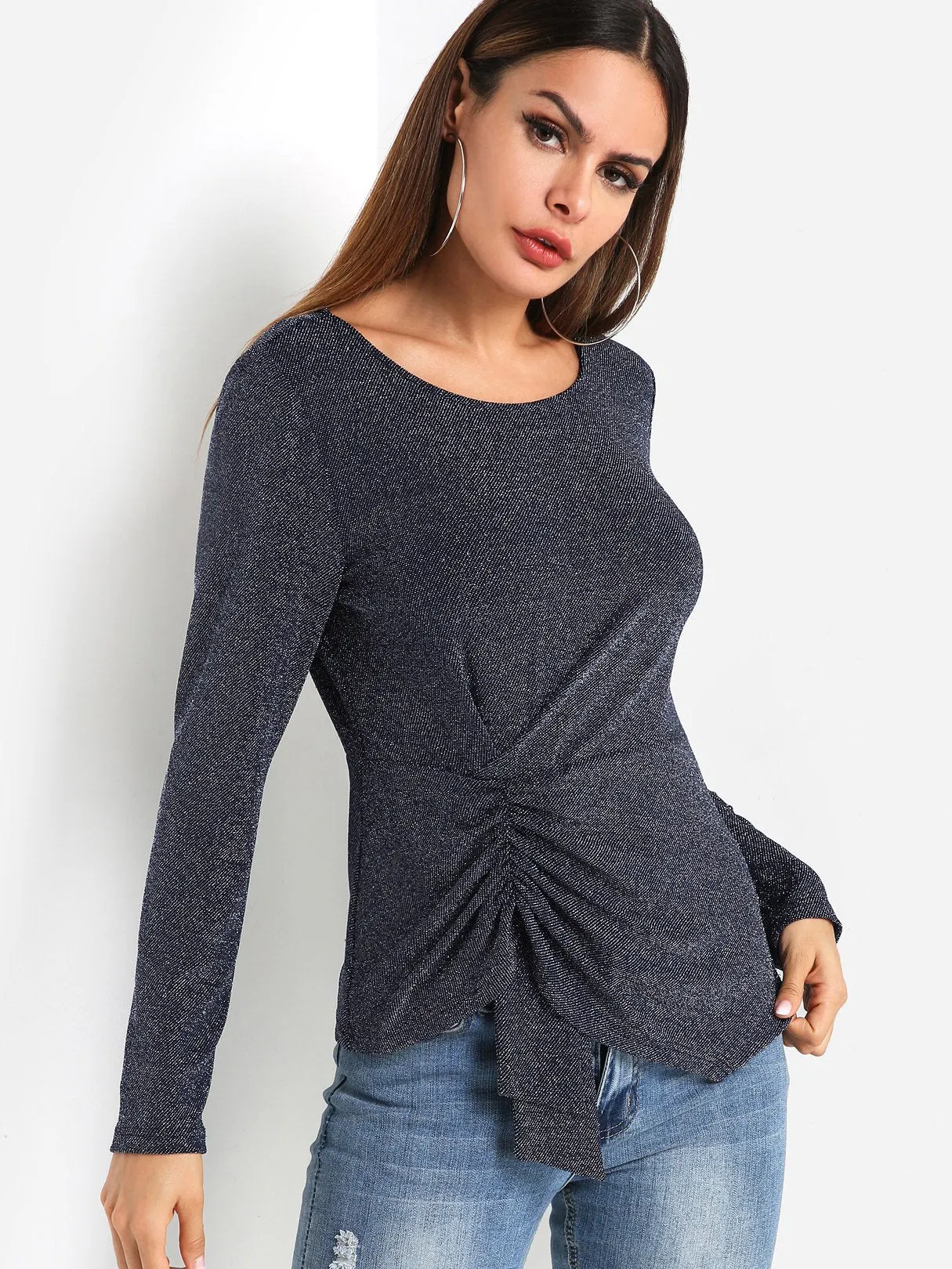 Custom Round Neck Plain Pleated Long Sleeve Irregular Hem Dark Blue T-Shirts