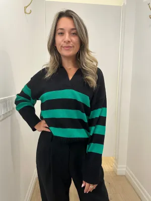 ELAN COLLARED V-NECK SWEATER - BLACK & GREEN STRIPE