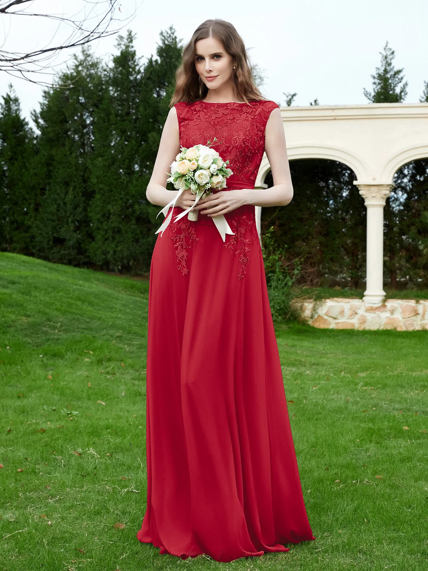Elegant Illusion Lace Appliqued Dress With Buttons Burgundy