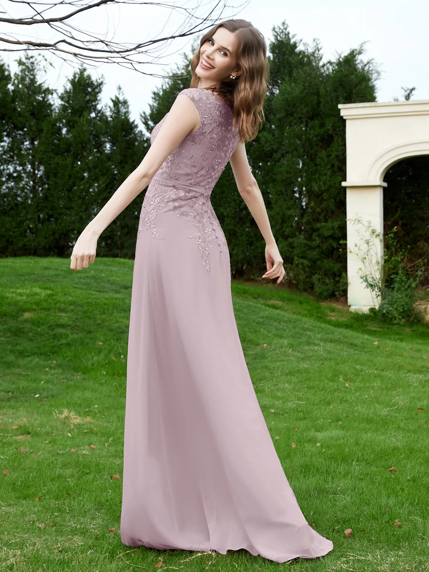 Elegant Illusion Lace Appliqued Dress With Buttons Dusk