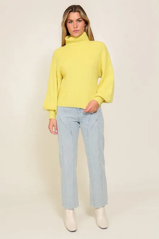 Explore More Collection - Rib Knitted Turtleneck Sweater with Bishop Sleeve