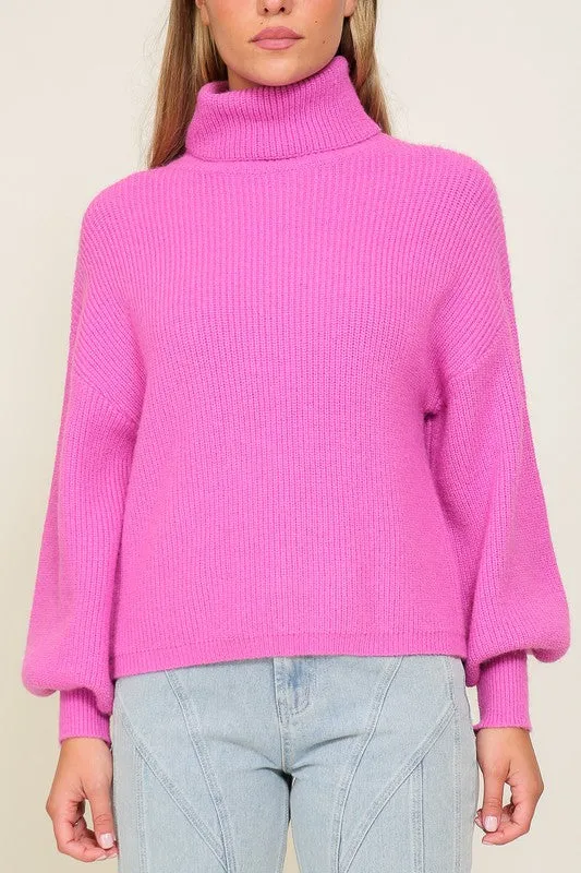 Explore More Collection - Rib Knitted Turtleneck Sweater with Bishop Sleeve