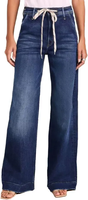 Flamingals Straight Leg High Rise Baggy Drawstring Denim Pants with Pockets