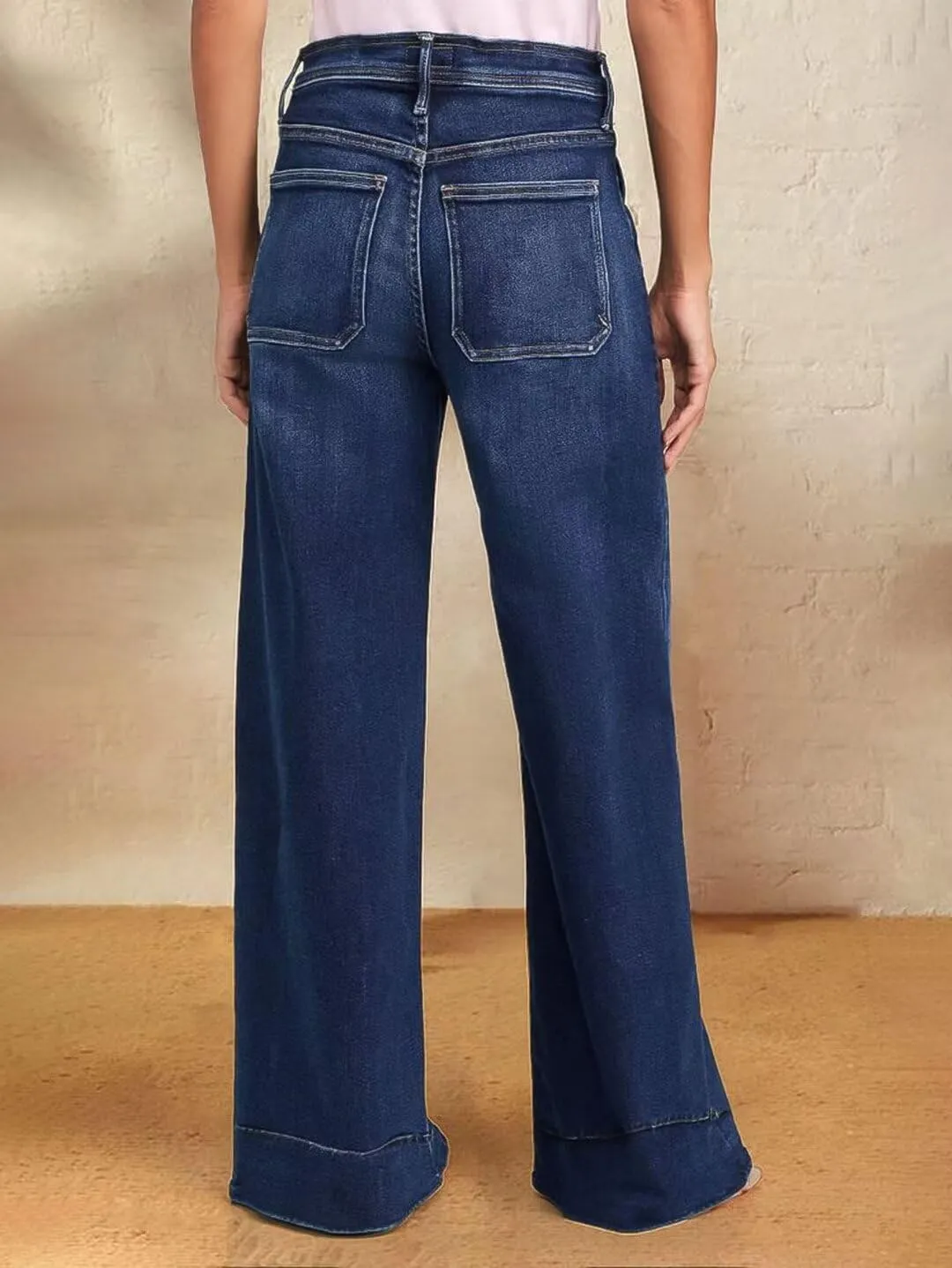 Flamingals Straight Leg High Rise Baggy Drawstring Denim Pants with Pockets