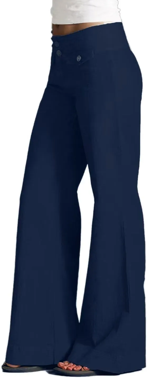 Flamingals Women's Flap Pocket Button Front Wide Leg Jeans Low Waist Casual Pants