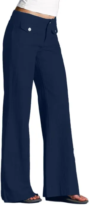 Flamingals Women's Flap Pocket Button Front Wide Leg Jeans Low Waist Casual Pants