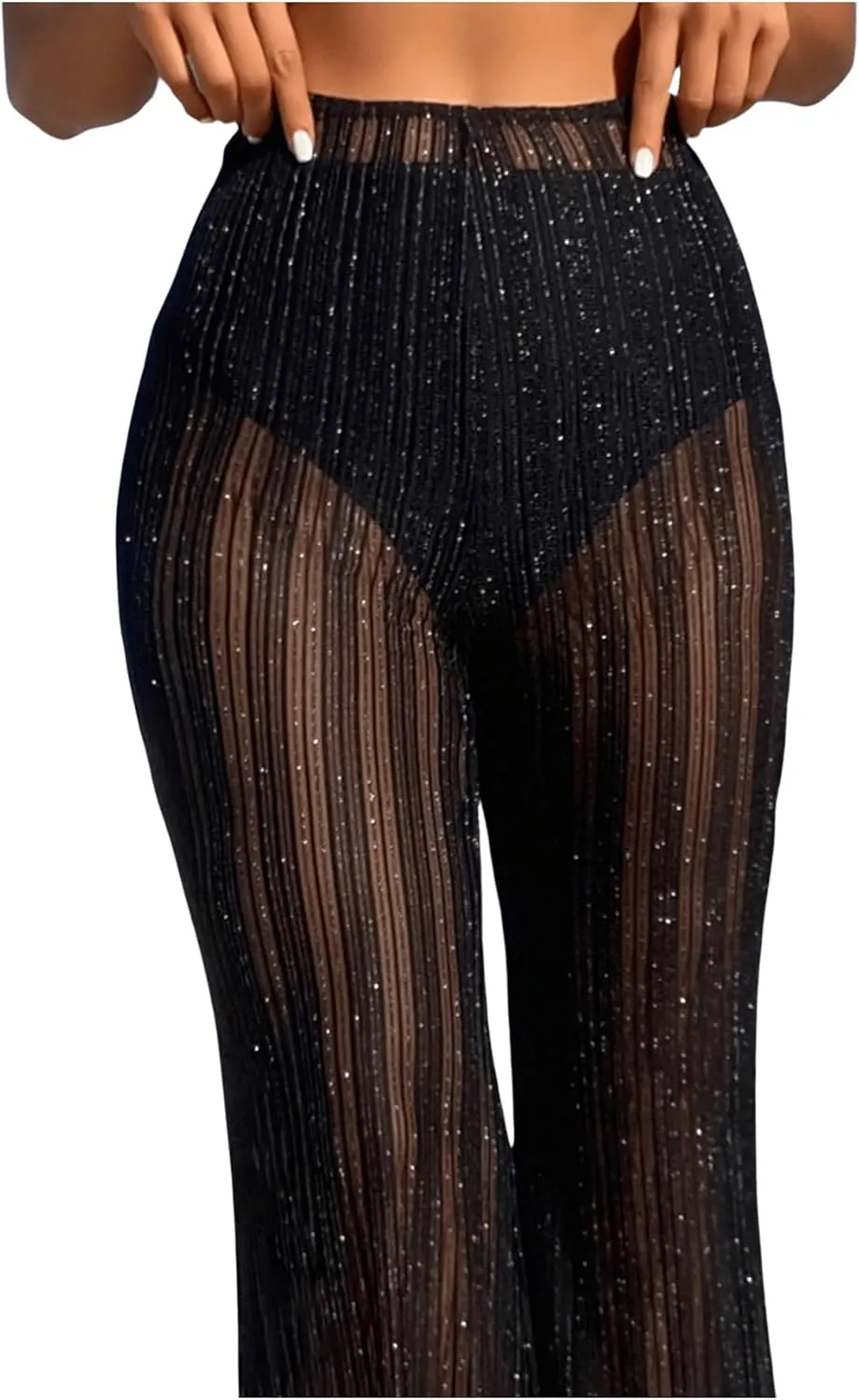 Floerns Women's Glitter Sheer Mesh Flare Leg Bathing Suit Cover Up Pants