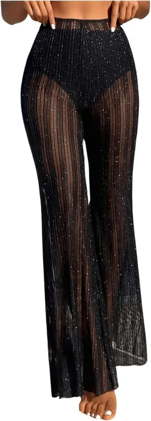 Floerns Women's Glitter Sheer Mesh Flare Leg Bathing Suit Cover Up Pants