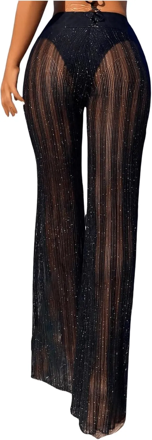 Floerns Women's Glitter Sheer Mesh Flare Leg Bathing Suit Cover Up Pants