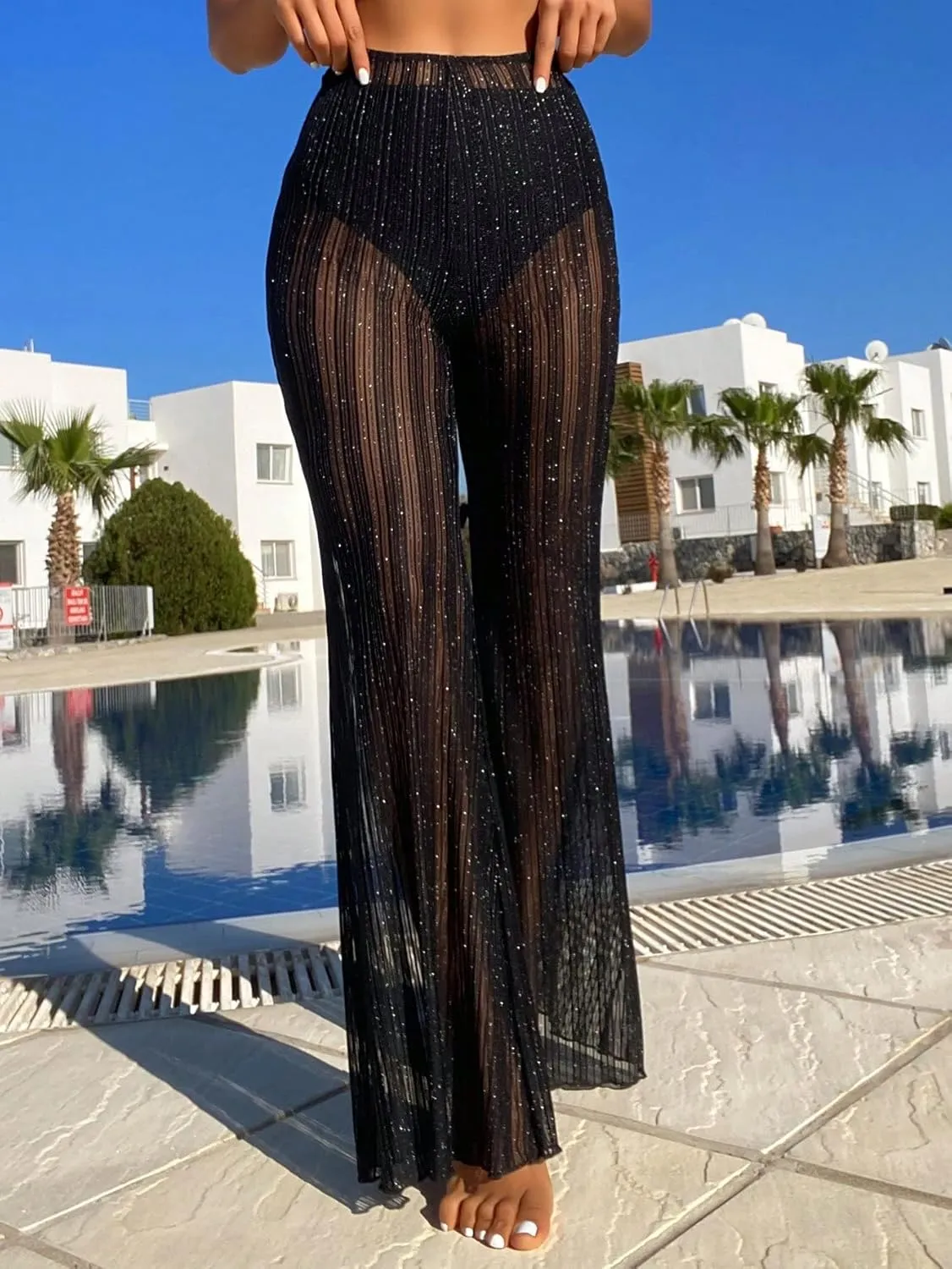 Floerns Women's Glitter Sheer Mesh Flare Leg Bathing Suit Cover Up Pants