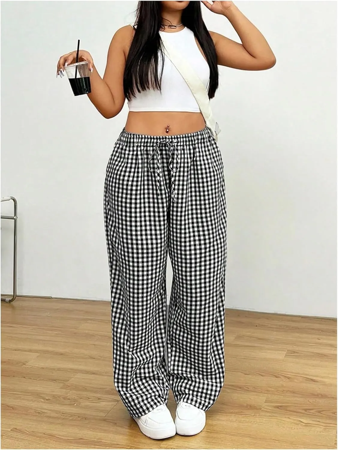 Floerns Women's Plus Size Drawstring Waist Gingham Plaid Baggy Wide Leg Pants