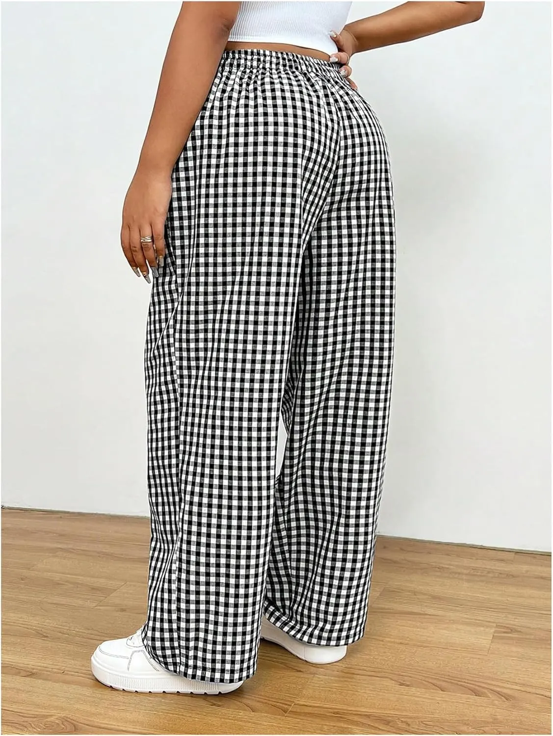 Floerns Women's Plus Size Drawstring Waist Gingham Plaid Baggy Wide Leg Pants